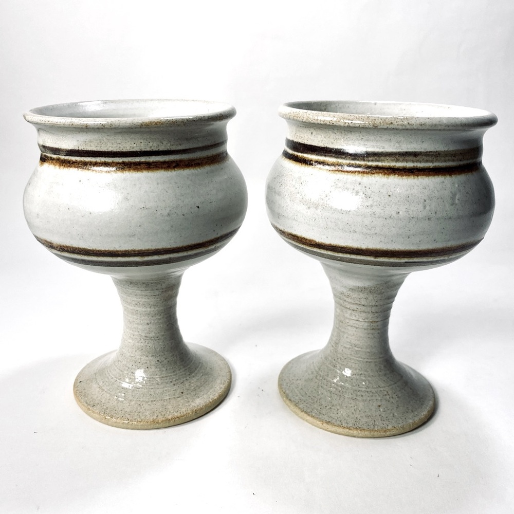 Pair 2 x MCM Mid Century Modern Pottery Stoneware Wine Goblets Signed